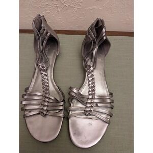 Enzo Angiolini Women Silver Metallic Braided T Strap Flat Sandals Shoes Size 10M